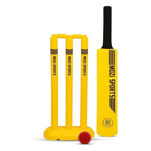 Mozi Sports Plastic Cricket Bat Set Size1 for Kids, Lightweight Ball, Stumps & Bat – Fun Outdoor Cricket Set (Yellow)