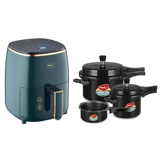 Pigeon Healthifry Digital Air Fryer, with 4.2 L Basket - Green & Pigeon by Stovekraft Pressure Cooker Combo - 2 L, 3 L and 5 L Outer Lid Cooker (14414, Black)