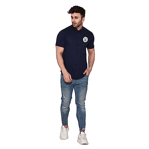 Image of Geum Men's Mandarin Collar Shirt with Graphic Print| Short Sleeve Cotton Blend Slim Fit Casual Shirt for Men