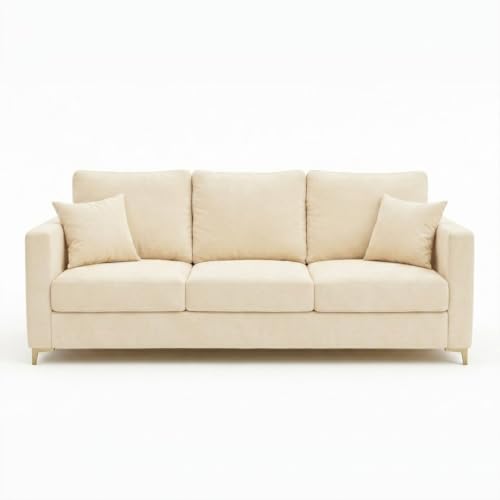 Image of Hayes Rich Velvet Suede 3 Seater + 2 Seater Sofa | Golden Aesthetic Legs | 6 Person Seating Capacity | Spacious Soft Touch Comfort | Modern Living Room Sofa (Cream)