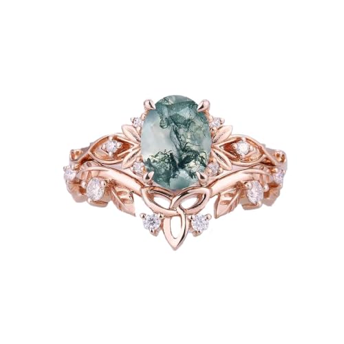 Moss Agate Engagement Ring for Women 1CT Pear/Oval Cut Ring S925/10K/14K/18K Nature Inspired Leaf Floral Moss Agate Ring Unique Celtic Knot Ring Set Gift For Her Size3-16