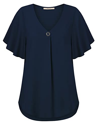 Bebonnie Short Sleeve Long Dark Blue Chiffon Loose Tops,Pretty Womens Casual Business Office Wear Dressy Top Summer Fashion Flutter Short Sleeve V Neck Loose Fit Chiffon Blouse Tops Deep Blue M #TOP1