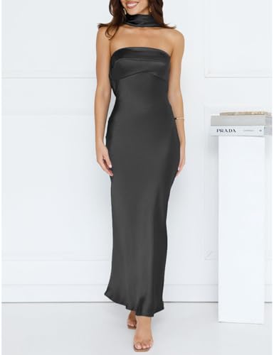 Women's Summer Satin Strapless Tube Top Maxi Dress Elegant Silk Backless Halter Neck Formal Party Dresses Wedding Guest4