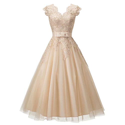 BRL Mall V Neck Prom Homecoming Dress Tea Length Lace Applique Mini Party Bridesmaid Gowns Champagne 16W