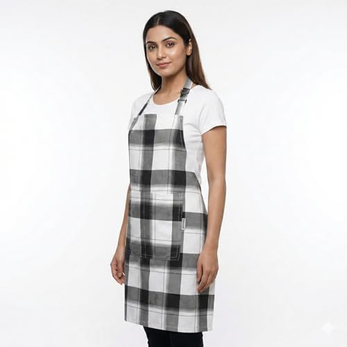Image of Cotton Kitchen Apron Pack of 2, Checkered Cooking Apron for Women & Home Cooks, Adjustable Strap, Large Pockets, Black and White