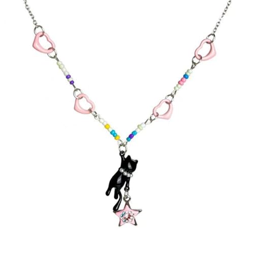 ZXQUEGF Collar de Gato Negro Dulce y Bonito, Collar de Estrella de Gato Negro para Chica Caliente de Verano, Collar Bonito con Cuentas de dopamina