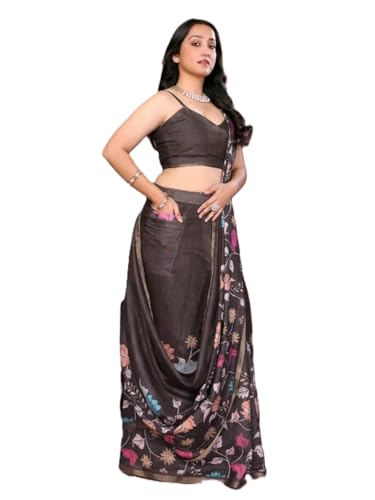 Image of SAMANTHA Black Floral Print Ready to Wear Linen Saree with Pocket & Adjustable Belt