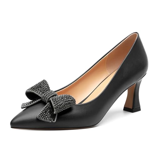 Image of Heels for Women Closed Patent Pointed Toe Bow Pumps Slip on Kitten Low Heels Wedding Party Dress Office Shoes 2.5Inch