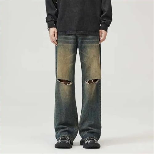 Men's Jean Wear American Knee Hole Solid Color Full Length Loose Straight Leg Denim Pants3