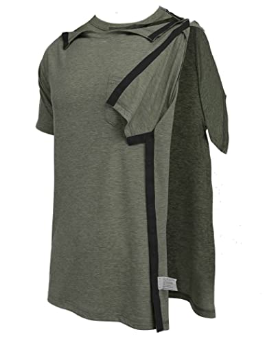 Deyeek Mens Post Surgery Shirt Shoulder & Side Full Open Snap Button Access Tearaway Short Sleeve Dialysis Recovery T-Shirt Olive Green #TOP1