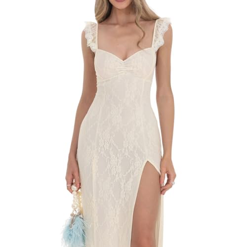 Image of Women Sexy Lace High Split Long Dress Sweetheart Neck Ruffled Sleeve Backless Maxi Dress Party Cocktail Cami Dress