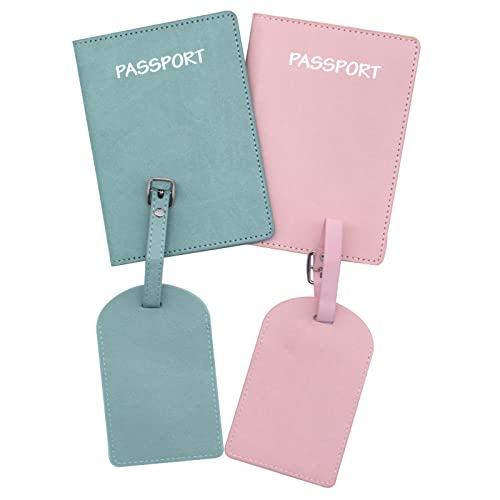 Kofferanhänger und Reisepasshülle Set 2PCS Reisepasshülle 2PCS Gepäckanhänger Kofferanhänger Passport hülle aus Kunstleder für Ausweis Reisedokumente Kreditkarten Gepäck Koffer Tasche(Rosa, Grün)