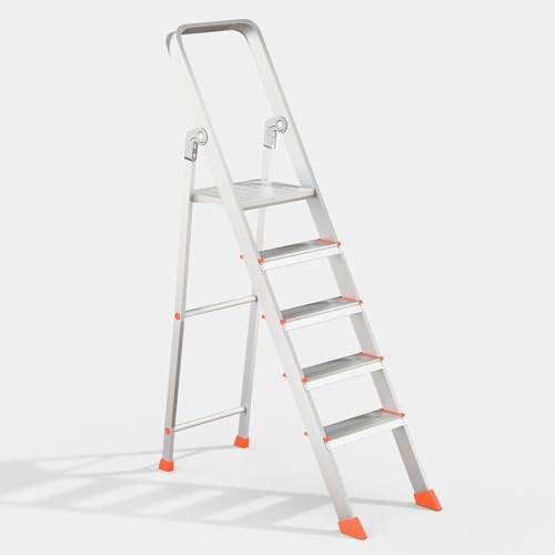 Image of 5 Step Foldable Aluminum Step Ladder with Anti-Slip Steps & Rubber Feet | Heavy-Duty Portable Ladder for Home, Kitchen, Office & Indoor Use (5 Step)