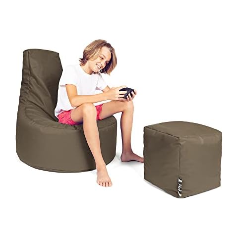 PATCH HOME Patchhome Gamer Armchair Including Cube Bean Bag Set Diameter 75 cm, 80 cm Height, 30 cm Seat Height + 35 x 35 cm Cube Already Filled with Polystyrene and Zip for Refilling Khaki Cover