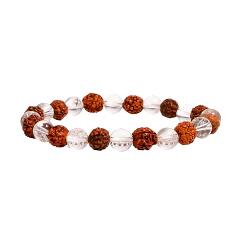 Image of Astro Crystals Shop Natural 5 mukhi Rudraksha & Clear Quartz 8mm Bracelet Adjustable Certified Healing Crystal for Luck Prosperity & Balance