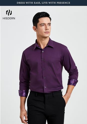 Image of HISDERN Mens Business Dress Shirts Long Sleeve Casual Button Down Shirt Formal Inner Collar Contrast Shirt for Men Wedding