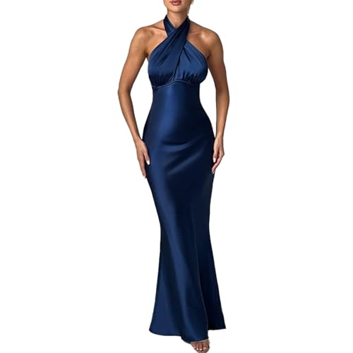 Mulheres Longo Vestido de Cetim Formal Halter Pescoço Sem Mangas Sem Mangas sexy sem encosto Maxi Ve