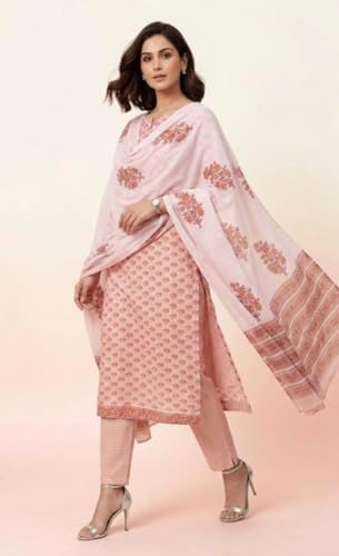Image of Eddika women unstitched hand block printed cotton suit set with mulmul dupatta ehbpcswmd0120P