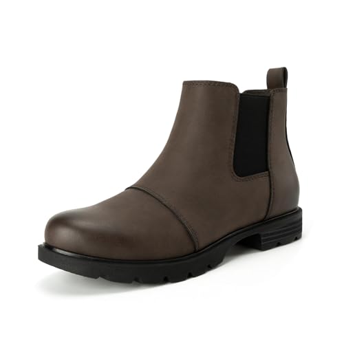 Athlefit Women's Chelsea Ankle Boots Low Heel Slip On Short Boots Comfortable Elastic Lug Sole Dark Brown Booties Size 8