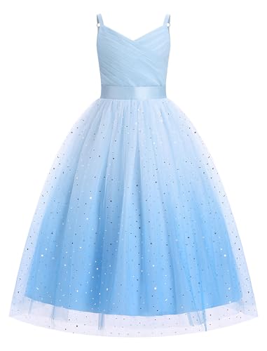 Catálogo para Comprar On-line Light Blue Dama Top 5. 44 OBEEII Vestido de niña de flores para boda, con cuello en V, de satén, vestido de princesa, vestido de fiesta formal para damas de honor, Light Blue-star, 9-10 Años