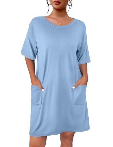 Image of Ekouaer Sleep Shirts for Women Nightgown Short Sleeves T shirt Night Dress Round Neck Womans Nightgown with Pocket S-XXL