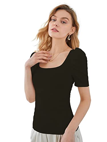 Image of Shasmi Women's & Girl's Polyester Pleated High Neck Short Puff Sleeve Ruched Bust Solid Regular Fit Top