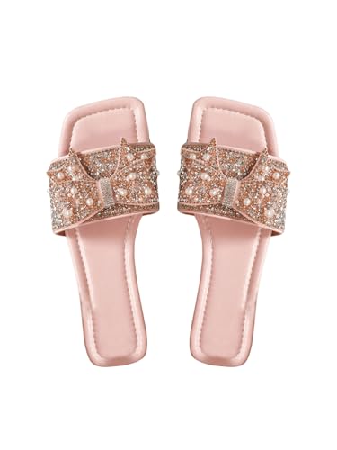 Verdusa Women's Rhinestone peals Bow Leather Flat Sandals Slip on Open Toe Sandals