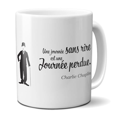 DECOHO Mug citation Charlie Chaplin Une journée sans rire est une journée de perdue - 33 cl, céramique - Imprimé en France