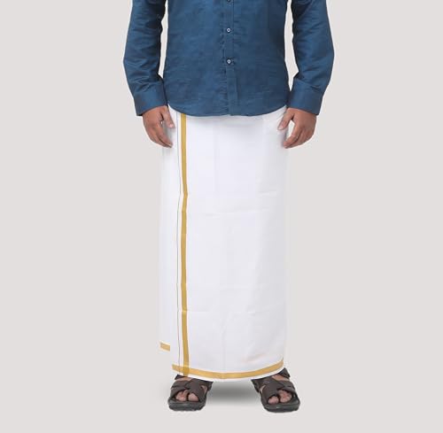 Image of Adjustable Velcro with Pocket Cotton Dhoti with Gold Jari Border, For Men (28 to 44 inches)