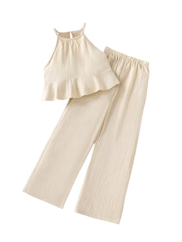 Image of SweatyRocks Girl's 2 Piece Outfits Ruffle Halter Sleeveless Top and Elastic High Waisted Pants Set