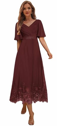 Tea Length Mother of The Bride Dresses for Wedding Lace Beaded Formal Evening Dress with Sleeves