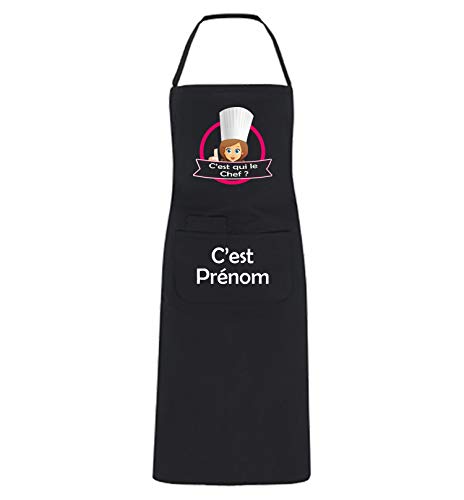 YONACREA - Tablier de Cuisine PERSONNALISABLE - C'est qui le Chef ? Logo Femme - NOIR