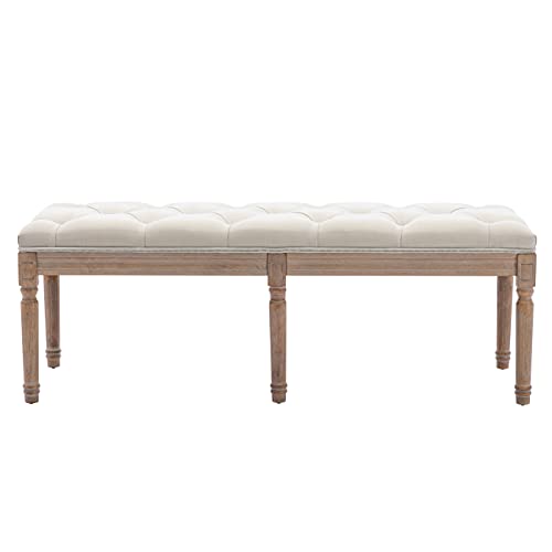 Goolon French Bench Rectangle Ottoman Upholstered Padded Bench End Of Bed Ottoman Button Tufted With Carved Wood, For Bedroom Entryway Living Room Dining Room, Beige #TOP3
