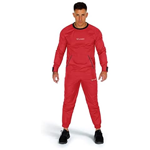 FUXERT Sauna Suit for Men Weight Loss Non Rip Sauna Top & Bottoms Lightweight Waterproof Sweat Suit for Boxing Gym Exercise, Red, Medium Cover