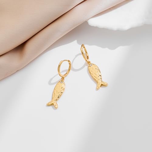 YUJIGold Fish Earrings for Women Fishbone Dangle Earring Huggie Hoops with Cute Charm Chic Ocean Jewelry3