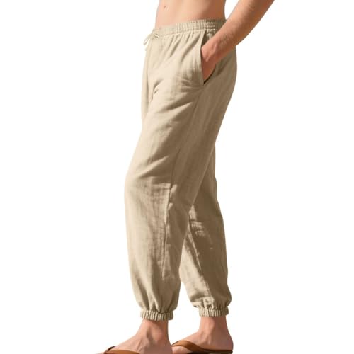 Summer Linen Pants for Men Solid Lightweight Casual Elastic Waist Drawstring Beach Workout Jogger Pants with Pockets2