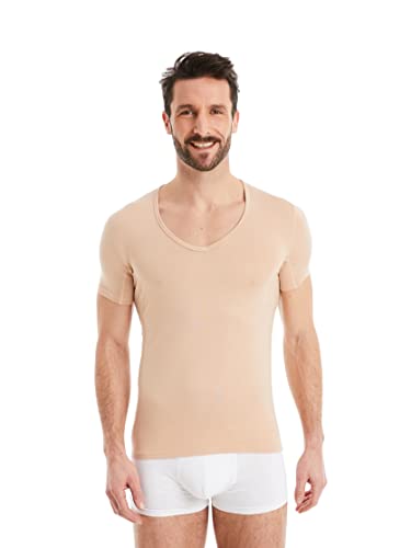 FINN Herren Funktions-Unterhemd mit V-Ausschnitt - Anti-Schweiß Shirt mit Einsätzen gegen Schweißflecken - Kurzarm Unterziehshirt Männer aus original Lenzing® Modal Stoff Hautfarbe Nude M