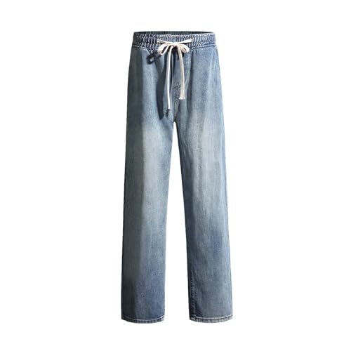 Adhdyuud Men's Wide Leg Jeans Washed Denim Relaxed Fit Drawstring Waist Casual Streetwear Trousers
