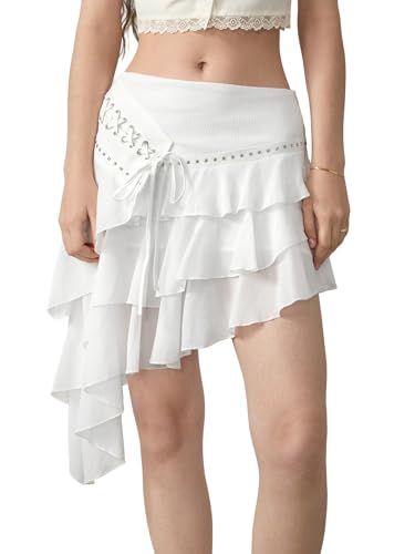 SHENHE Women's Y2k Low Rise Layered Ruffle Western Skirt Studded Asymmetrical Fairy Mini Skirt