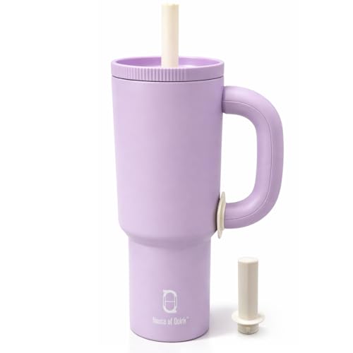 Image of House of Quirk 1200ml Stainless Steel Tumbler with Handle, Straw & Straw Cap | Leakproof Water Bottle | Large Capacity Travel Mug (Lilac)