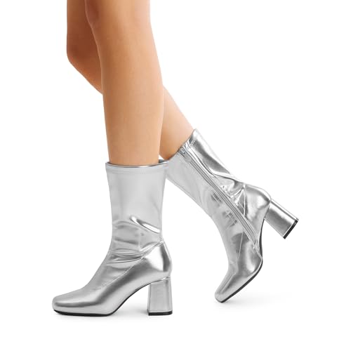 DREAM PAIRS Women's Mid Calf Gogo Boots Low Block Heel Square Toe Ankle Boot with Zipper for Party Cosplay Dance,Size 9,Metallic Silver,SDMB2301W-1