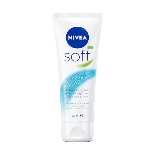NIVEA Soft Moisturising Cream (75ml) 48H Moisturising Cream for Face Body and Hands with Vitamin E and Jojoba Oil Hand Lotion Moisturises Deeply Vegan Formula Day Moisturiser