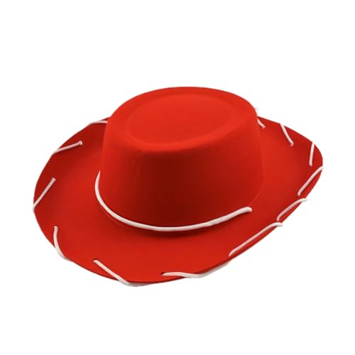 Aissmmeio Felt Cowboy Hat Western Sheriff Costume Hat Classic Cowboy Hats Teens 1950s Rancher Rodeo Style Country Music Festival Accessory with Adjustable Chin Cord (Red)