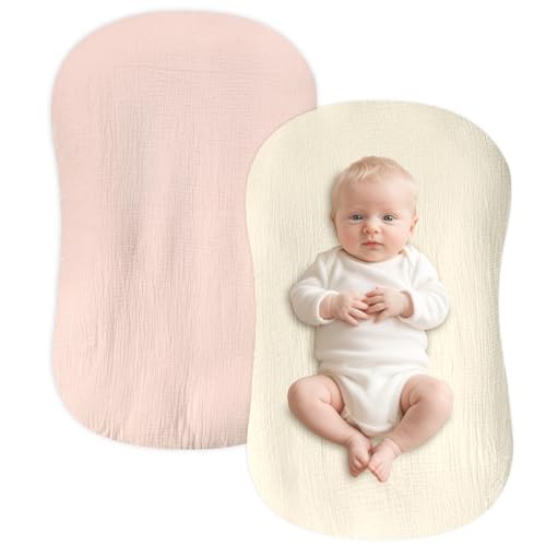 Image of Hooyax Baby Lounger Cover 2 Pack - 100% Muslin Cotton Newborn Lounger Pillow Covers Only, Soft Breathable Infant Lounger Cover with Reinforced Stitching, Fits Most Standard Baby Loungers (Pink Wheat)