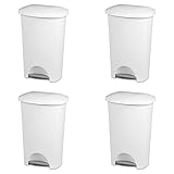 Sterilite 10968004 11 Gallon/42 Liter StepOn Wastebasket, White Lid & Base w/ Titanium Pedal, 4-Pack