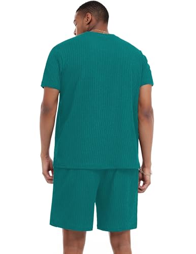 Image of Ekouaer Mens Lounge Set Ribbed Knit Pajamas Set 2 Piece Short Set Outfits Sweatsuit Summer Soft Sleepwear Loungewear