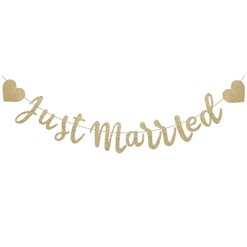 NISENTIA Just Married Girlande Just Married Deko Hochzeit Papier Girlande Champagnergold Glitzer Hochzeitsdeko Hochzeitsgirlande für Hochzeitszeremonie Hochzeitsauto Brautdusche