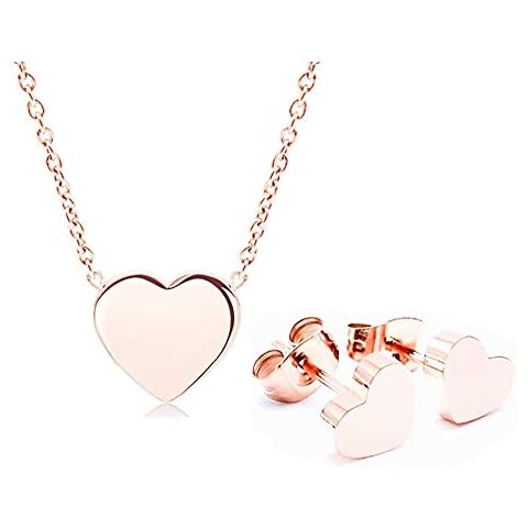 Mixiueuro Women Girls Heart Jewellery Sets 14k Rose Gold Plated Stainless Steel Heart Pendant Necklace Stud Earrings Minimalist Style Nickel Free Cover