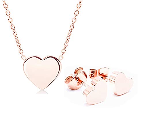 Preisvergleich Produktbild Mixiueuro Damen Mädchen Herz Schmuckset 14 Karat Rotgold vergoldet Edelstahl Herzanhänger Halskette Ohrstecker Ohrringe Minimalistischer Stil nickelfrei