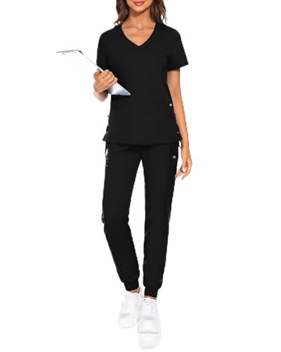 VIAOLI Women's Scrubs Set V-Neck Scrub Top with Jogger Pant and 8 Pockets for Nursing and Clinical Work Uniform (Black,XL,X-Large)